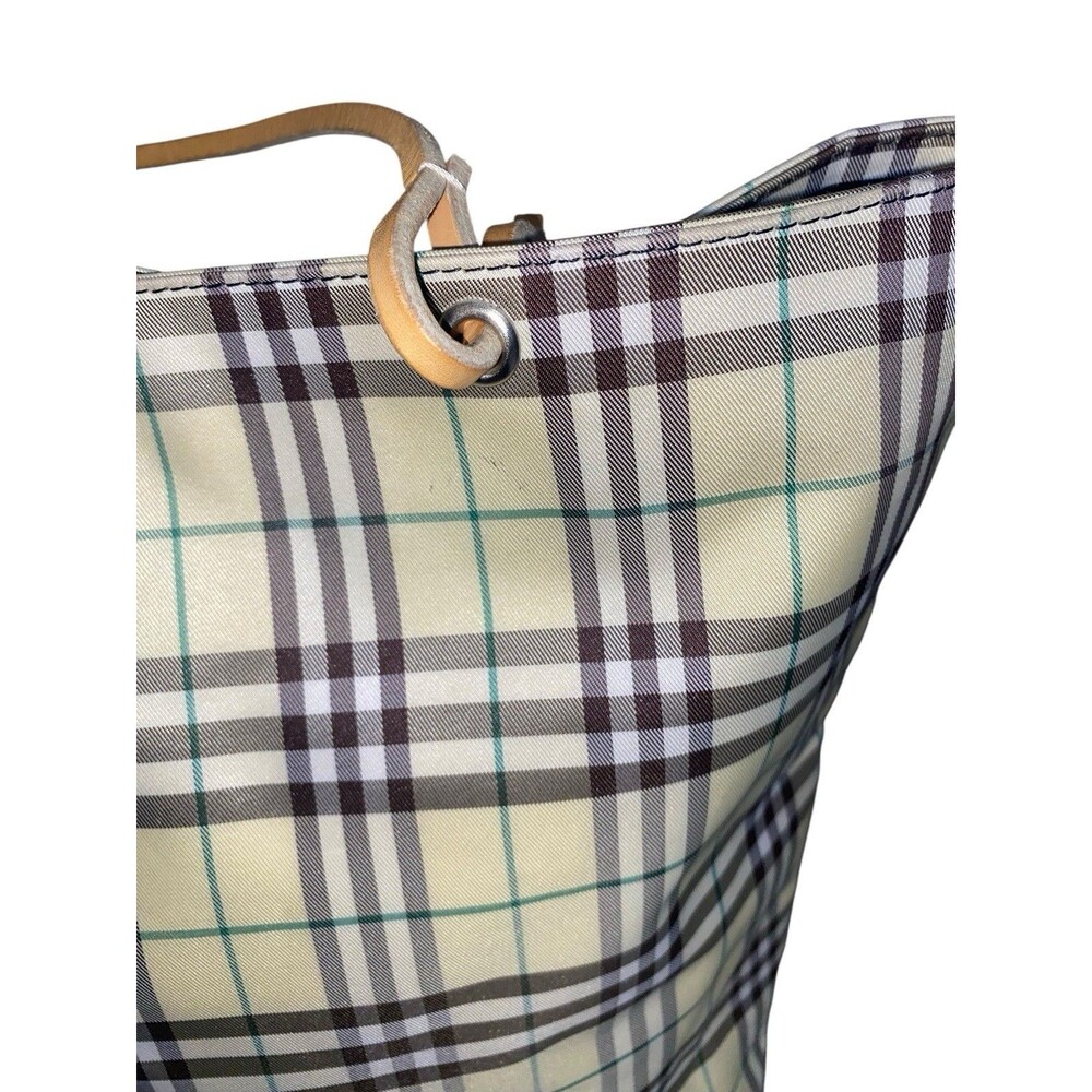 Vintage Burberry London Tote Bag Nylon Leather Cream Yellow Brown Plaid - Picture 4 of 9